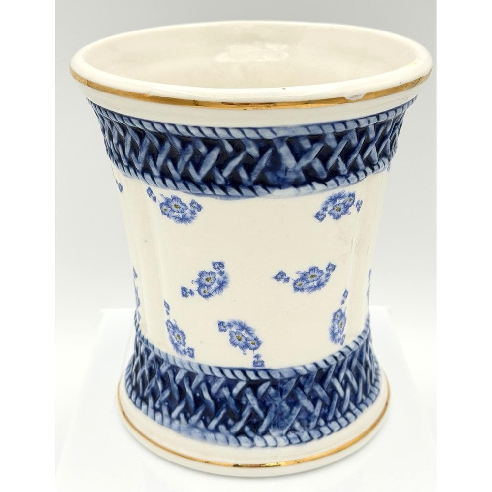 Bloom RIte French Country Planter Porcelain Blue & White w/ Gold 6." Tall EUC
